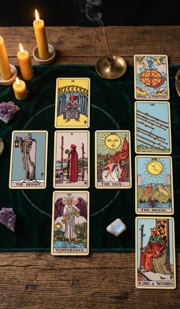 Celtic Cross Tarot Reading laid out on a table